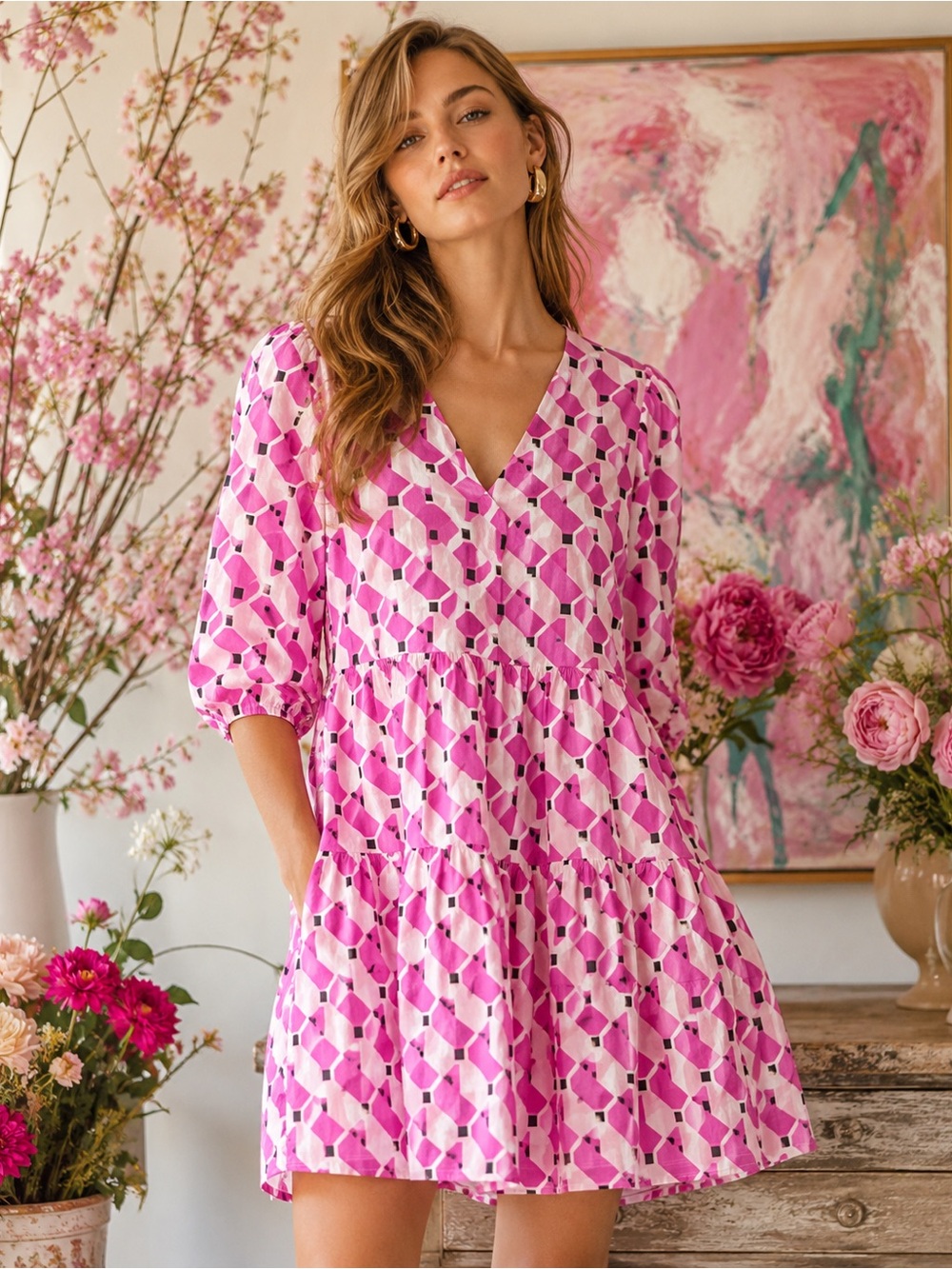 Zara Pink Geometric Tiered 100% Cotton Dress NWOT